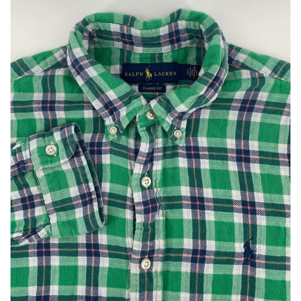 Ralph Lauren Lined Button Down Shirt Mens Lg Green Plaid Classic Fit Long Sleeve